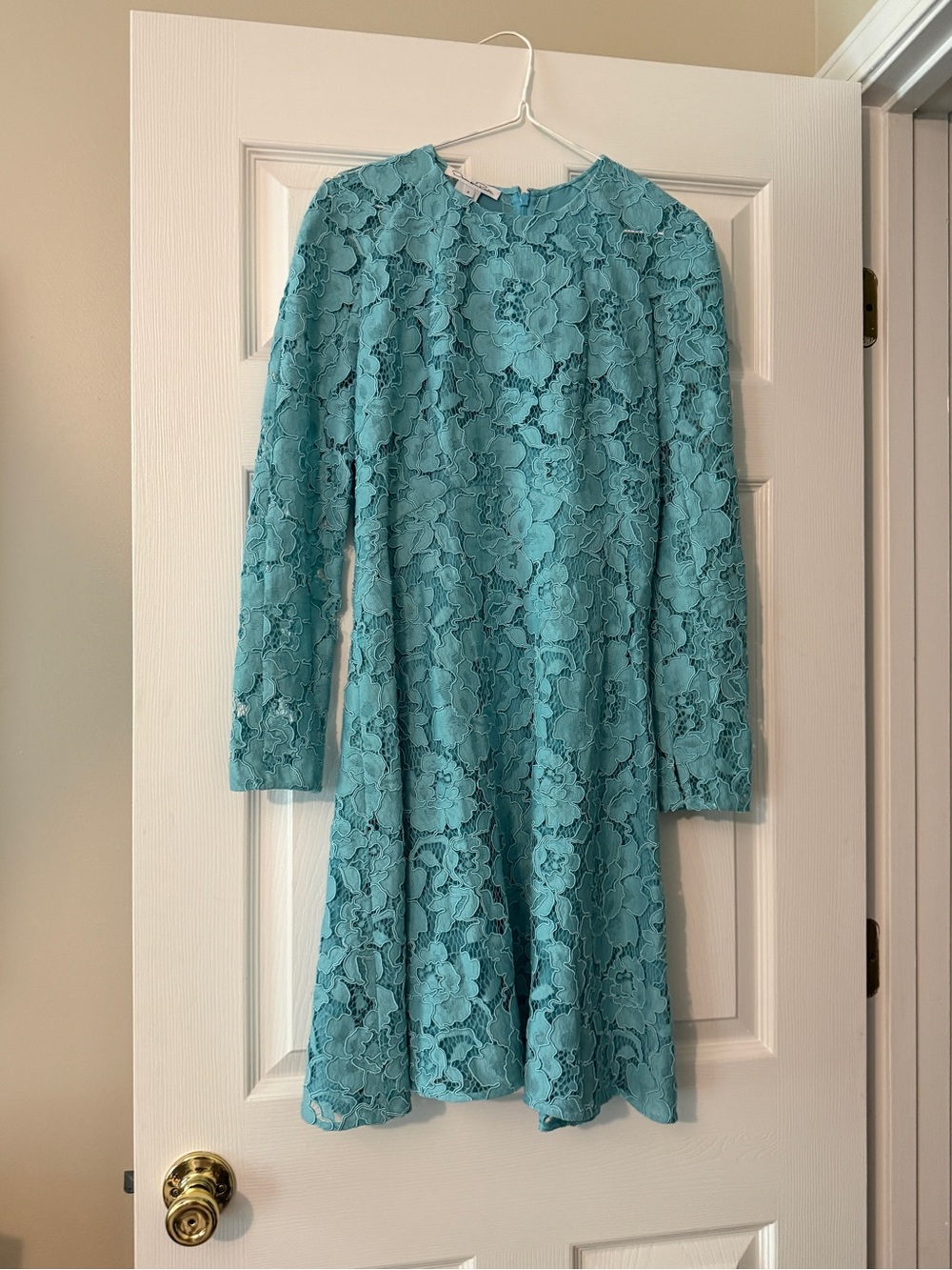 Oscar de la Renta Turquoise Lace Long-Sleeve A-Line Dress